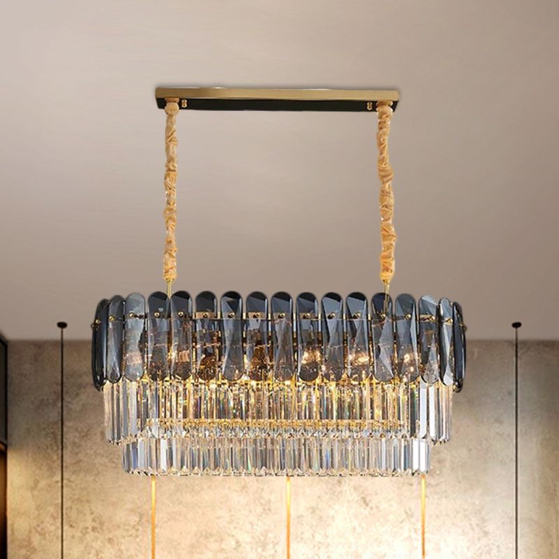 3-Tier Rectangular Dining Room Pendant Amber/Smoke Gray Crystal Block 12-Light Contemporary Island Lamp