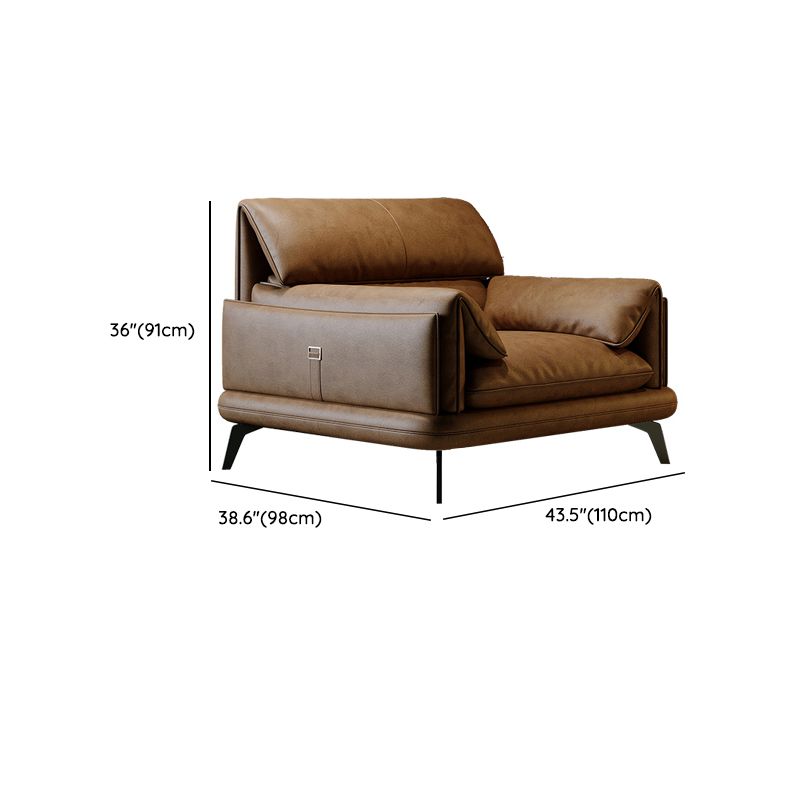 Pillow Top Arm Sofa in Brown Genuine Leather Sewn Pillow Back Sofa