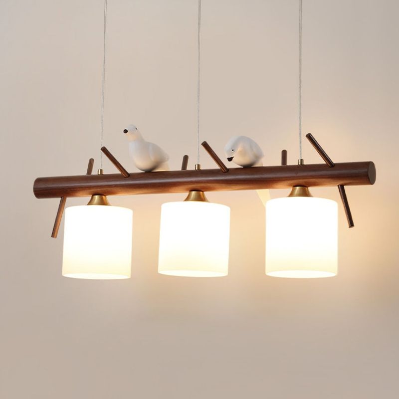 Wood Modern Pendant Light Cylinder Shape Island Light with Glass Shade for Living Room