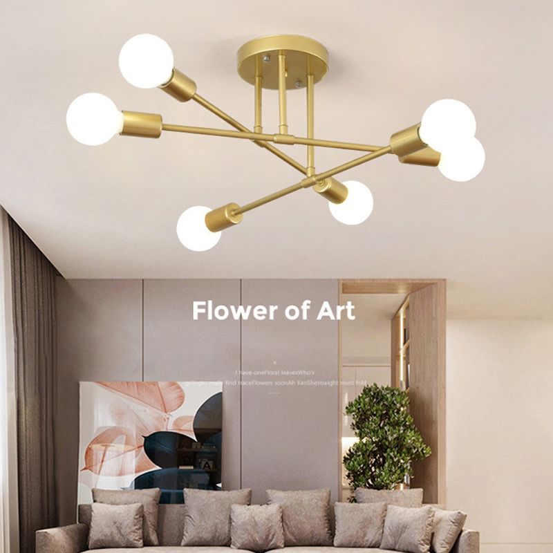 Industrial Vintage Sputnik Ceiling Light Wrought Iron 6-Light Semi Flush Mount for Living Room