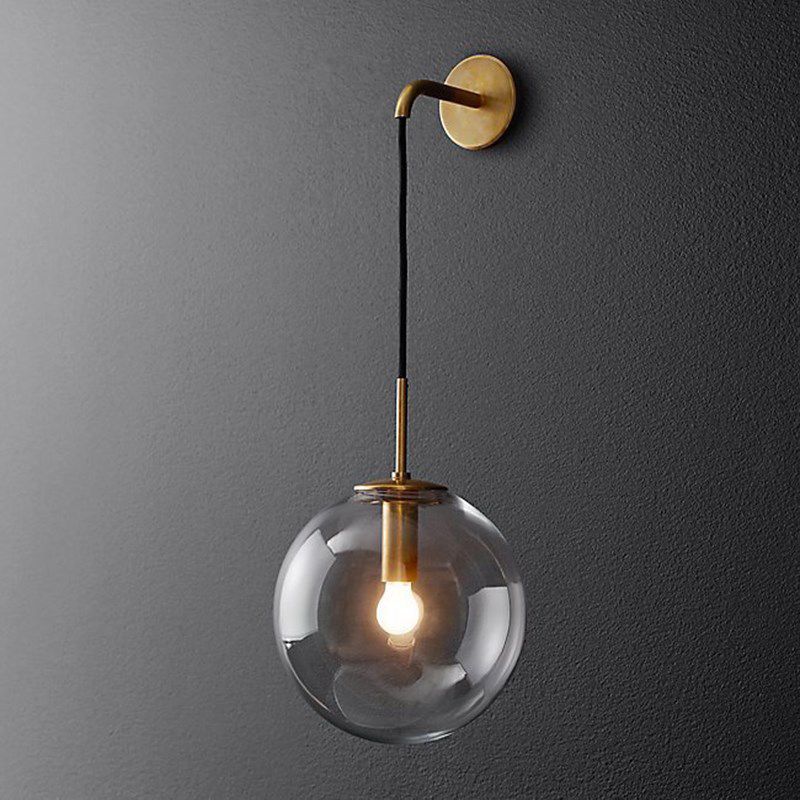 1 Light Bedside Wall Mount Lamp Simple Gold Wall Lighting Ideas with Global Glass Shade