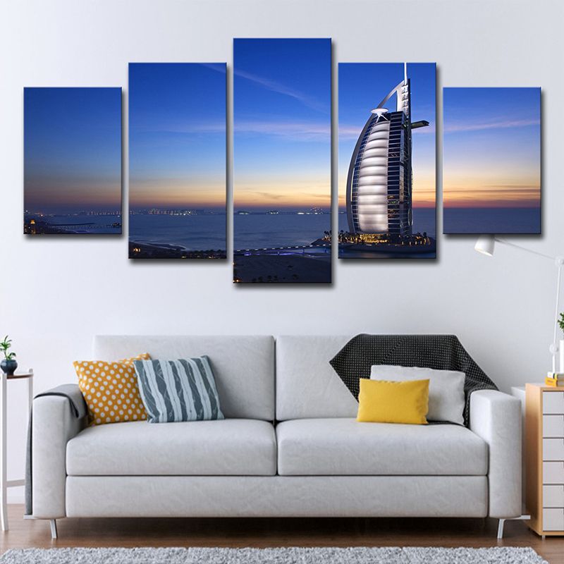 Landmark Wall Art Decor for Room Burj Al Arab Hotel at Sunset Canvas in Blue, Multi-Piece