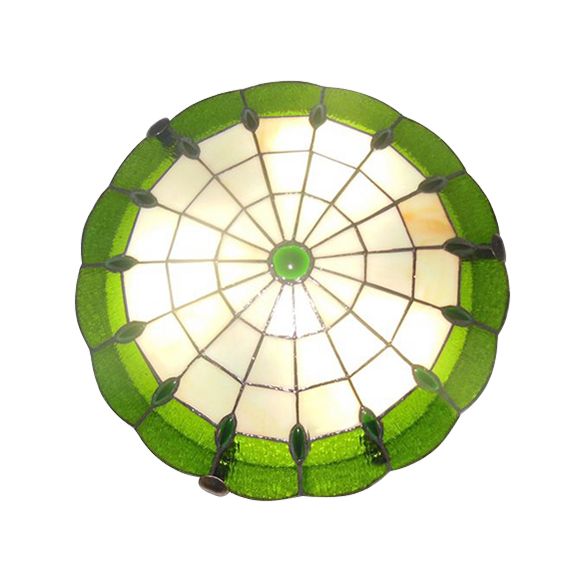 12"/16"/19.5" Wide Bedroom Ceiling Lights Tiffany Style Green/Yellow Dome Shade Flush Mount Light with Jewel Decoration