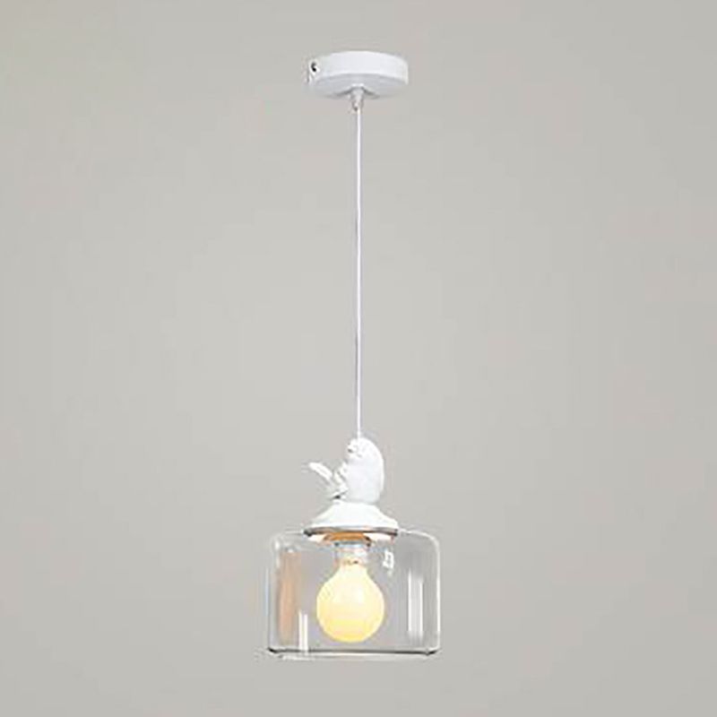 Trommelanhänger Beleuchtung modernes klares Glas 1-Licht weiß hängende Licht mit Harz Vogeldekoration