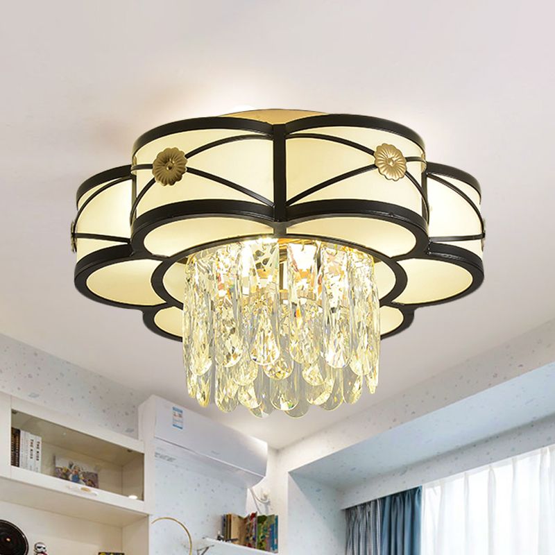 Iron Black Flushmount Light Flower Shaped 4 Heads Modern Ceiling Lamp with Crystal Rod Drop