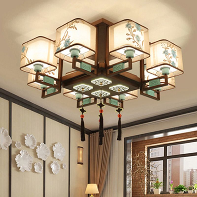 Plafonnier encastré en tissu de style chinois, 4/6/8 ampoules, pour salon
