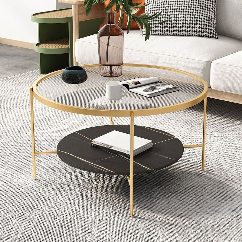 Modern Style Round Glass Table Plate Metal 4 Legs Base with Storage Rack Coffee Table