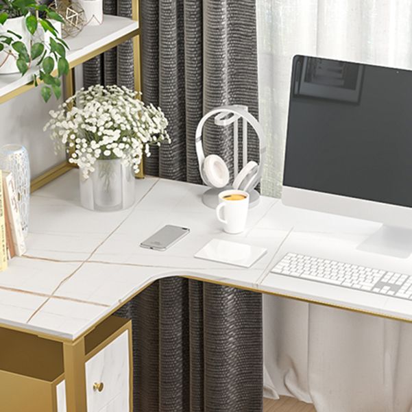 Glam Sintered Stone Desk L-Shape Bedroom White Writing Desk with Gold Steel Leg