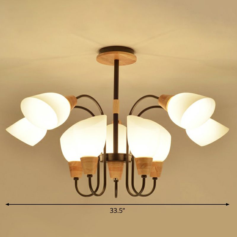 Tulip Flower Restaurant Chandelier Cream Glass Nordic Style Pendant Light in Black and Wood