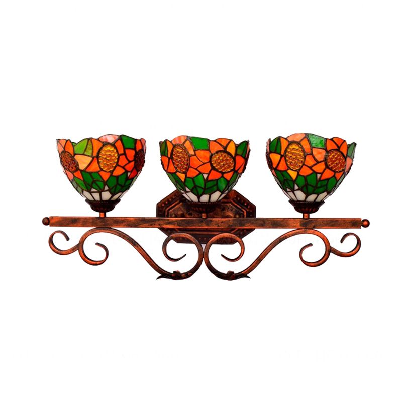 3 Heads Bowl Wall Light Fixture Baroque Orange Stained Glass Sconce Light with Sunflower Pattern