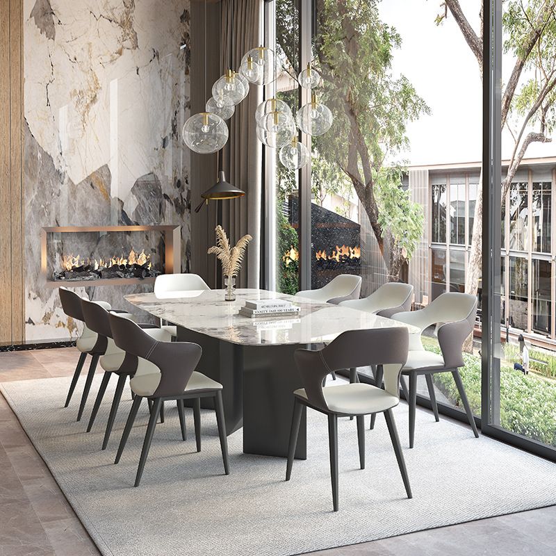 Mesa de comedor con tapa de piedra sinterizada, mesa rectangular con pedestal doble negro