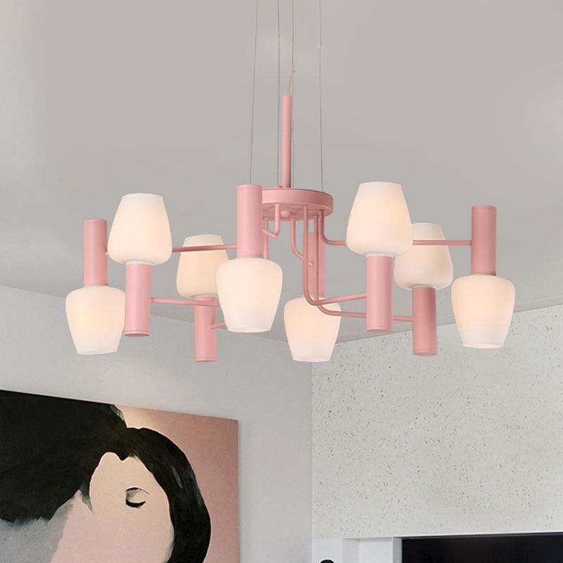 Grey/Pink/Yellow Conical Chandelier Lamp Modernist 8 Heads Frosted Glass Hanging Light for Living Room