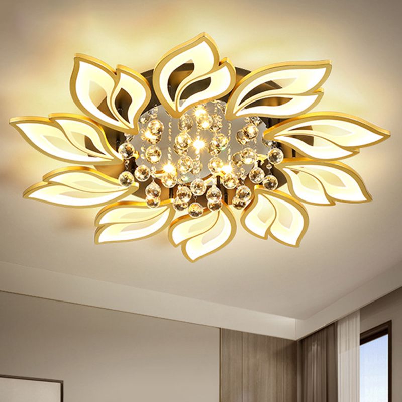 Gold Finish Flower Ceiling Lighting Contemporary LED Metal Semi Flush Mount with Crystal Ball