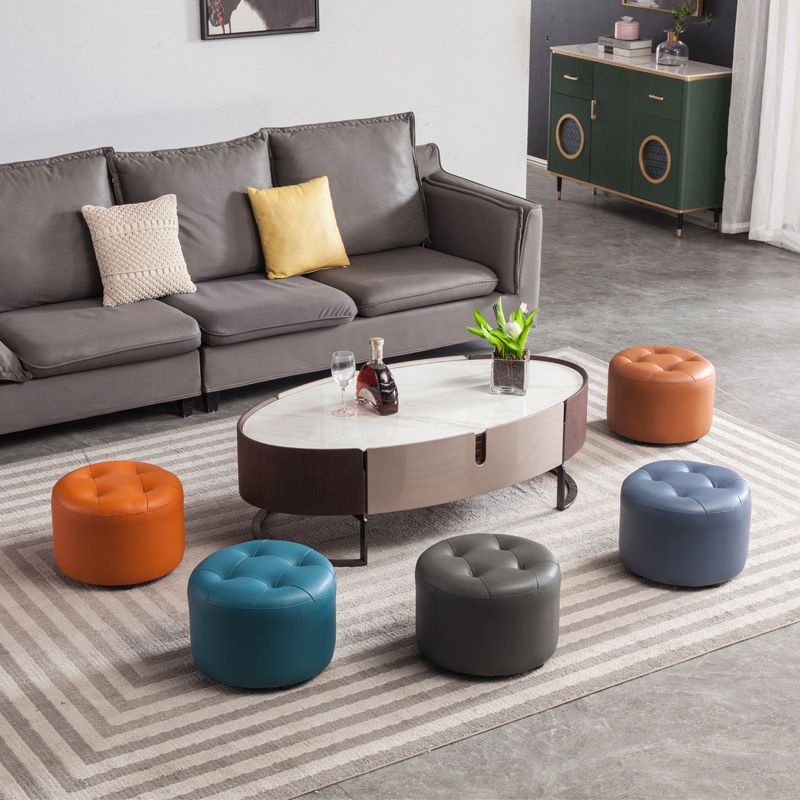 Simplicity Pure Color Ottoman Tufted Faux Leather Water Resistant Round Pouf Ottoman