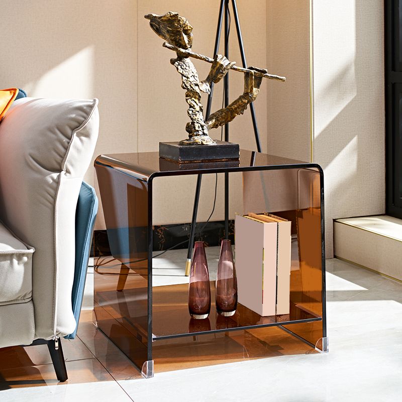 Modern Brown Sled Corner Table Square Glass Side End Table for Living Room
