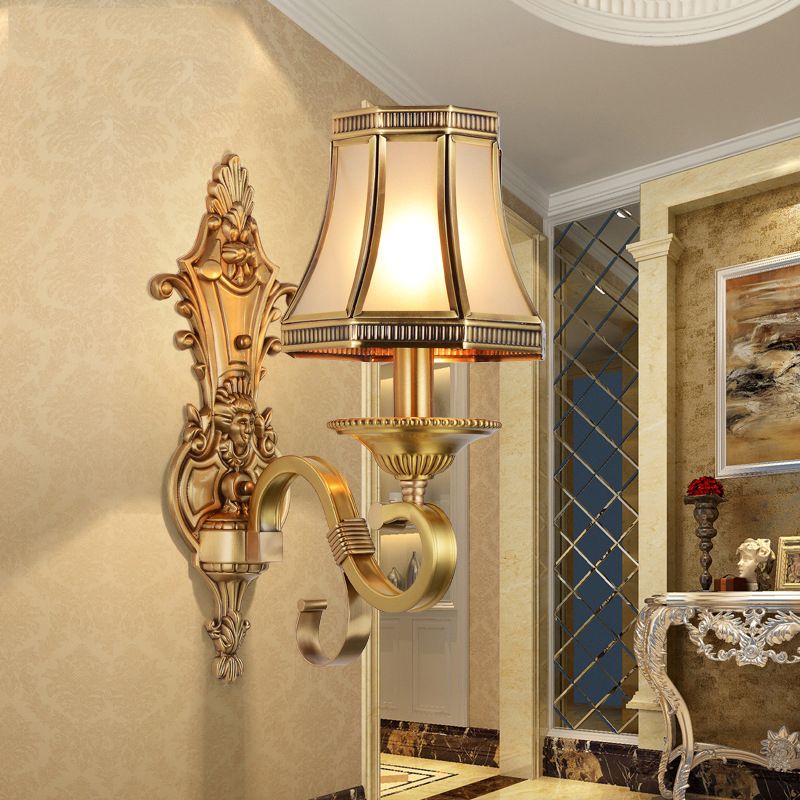 Brass Cone Wall Lamp Traditionalist Metal 1/2 Lights Bedroom Wall Mount Lighting with Beveled Glass Panel