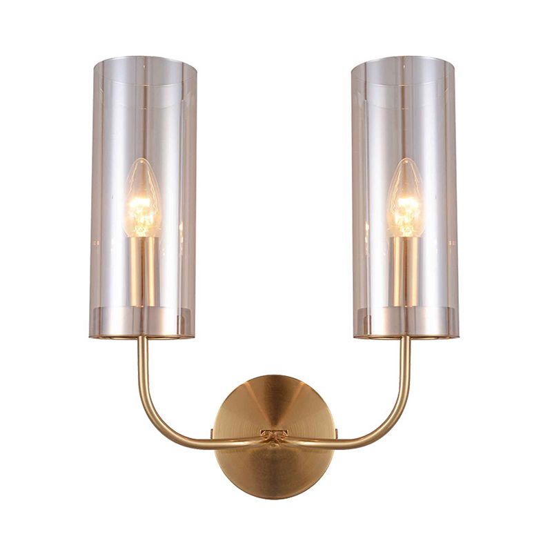 Cognac -Glaszylinderlinderleuchte modernistische 2 Lampenmontagelampe in Gold mit metallischem Arm