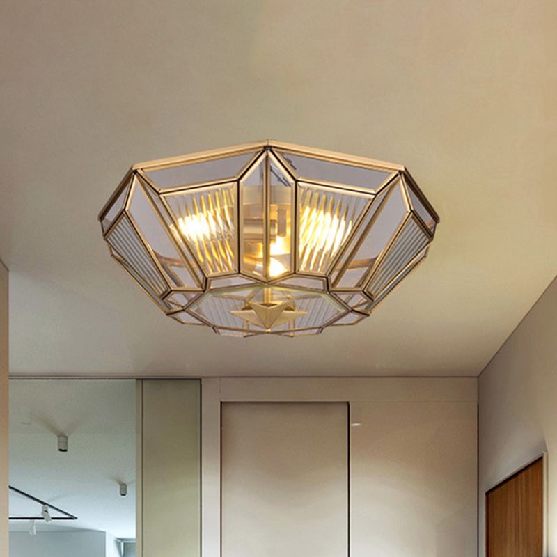 3 Lights Ceiling Flush Mount Colonial Bedroom Flush Light with Geometric Clear Glass Shade in Gold