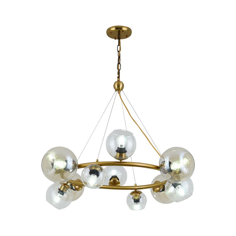 Contemporary 12 Lights Pendant with Clear Glass Shade Brass Round Hanging Ceiling Lamp