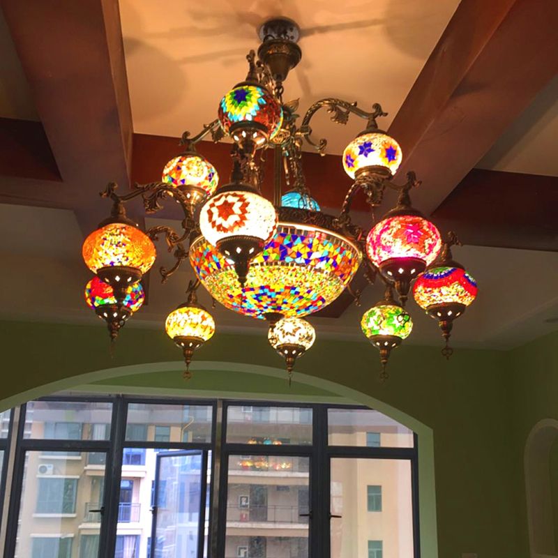 Curved Arm Metal Chandelier Traditional 15 Heads Bronze Hanging Light Kit with Ball Colorful Glass Shade