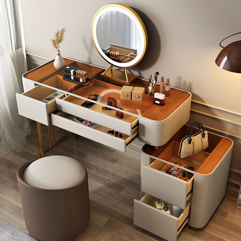 Contemporary Faux Leather Vanity Tables 4 Drawer Glass Top Makeup Vanity Desk