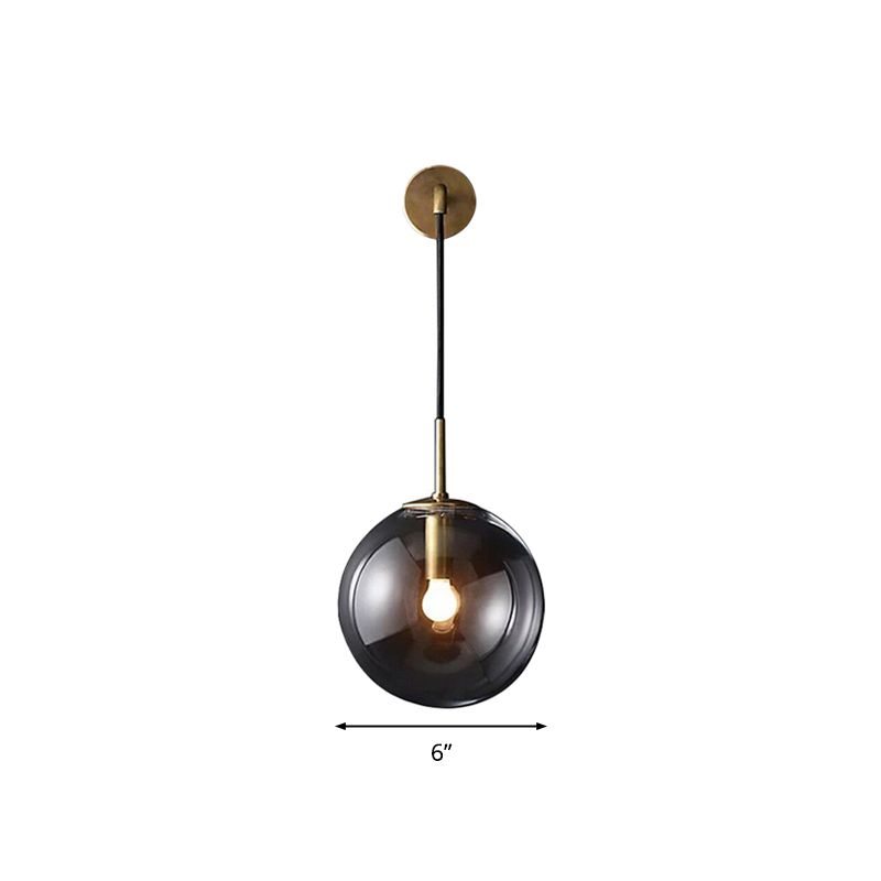 Modern Spherical Wall Lighting Fixture 1 Bulb Smoked Glass Sconce Light in Black/Brass for Living Room, 8"/10"