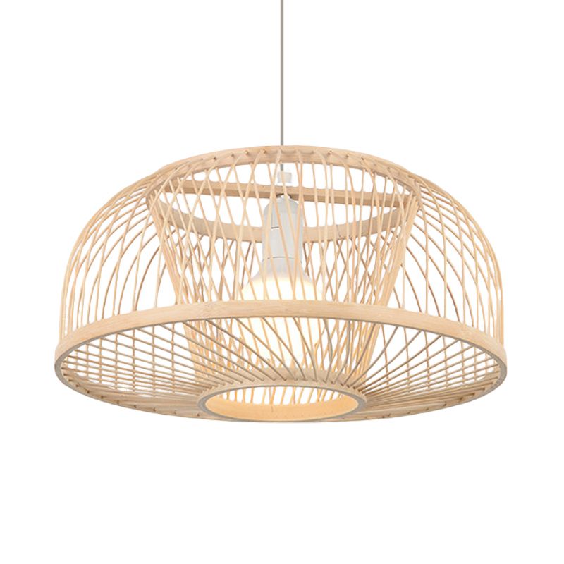Beige Domed Hanging Ceiling Light Asian Style 1 Head Bamboo Pendant Lighting for Living Room