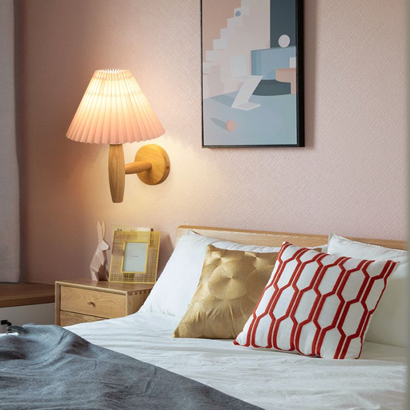 Flared Wall Mounted Light Fixture Simple Wood Bedroom Wall Sconce with Fabric Shade