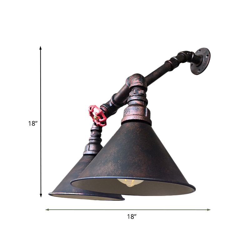 Flared Metallic Wall Mount Lighting Antiqued 2 Bulbs Living Room Sconce in Black with Red Valve Deco