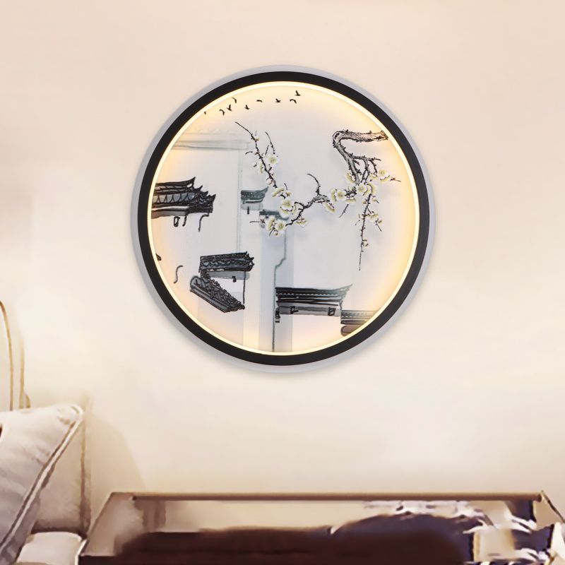 Black-White Ancient Houses Mural Light Chinois LED Tissu LED TAUSE MUR LEUR POUR SOIR