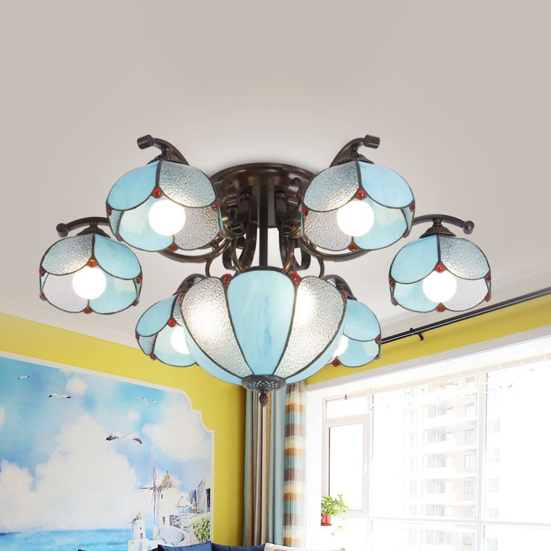 9 hoofden geschulpte plafondverlichting Tiffany grijs/wit/blauw handgemaakt kunstglas semi -flush light armatuur