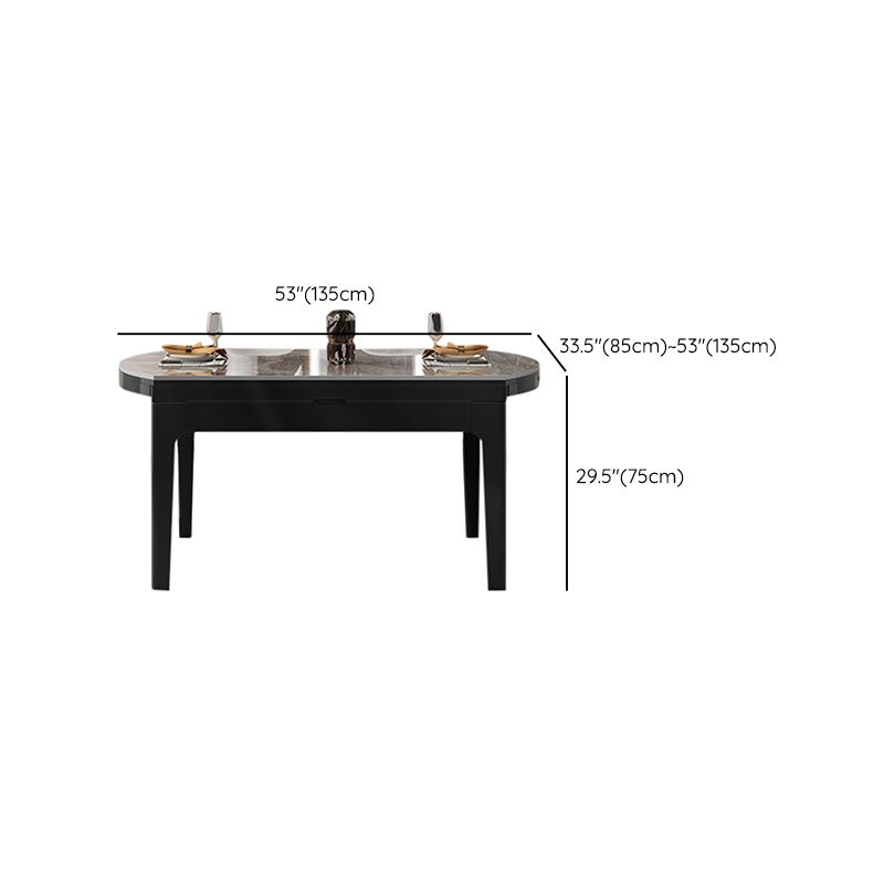 Modern Round Grey Stone Top Extendable Retractable Dining Table with 4 Rubberwood Black Legs