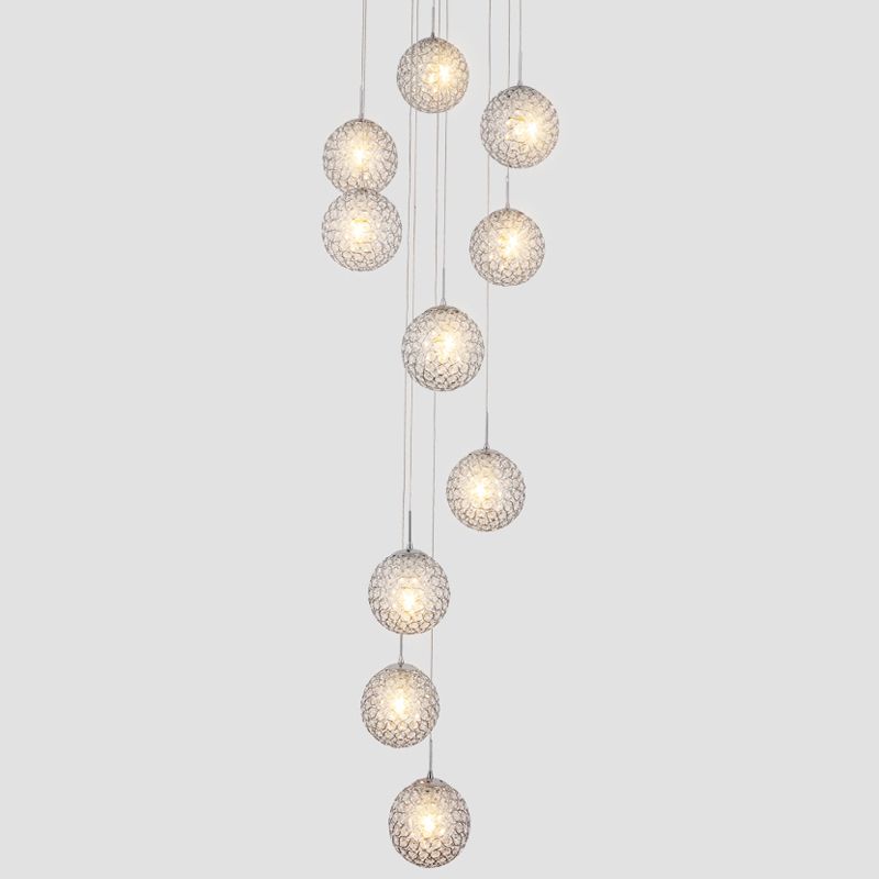 Artistic Hollowed out Ball Multi Ceiling Lamp Metallic 10 Bulbs Staircase Suspension Light Fixture in Silver