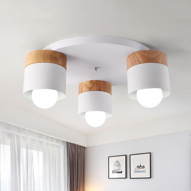 Iron Cylinder Flush Mount Fixture Modern Nordic 3 Bulbs White Ceiling Flush with Wood Top for Bedroom