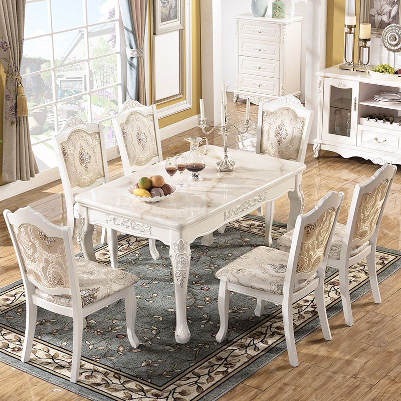 Traditional Luxury Dining Table Rectangle White Dining Table with Wooden Base