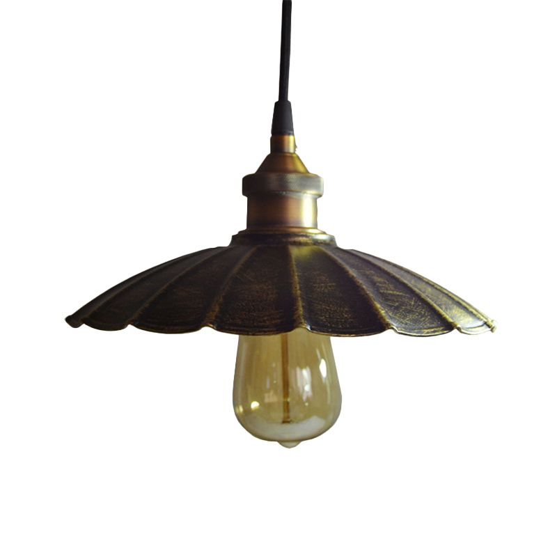 1-Light Pendant Light Fixture Rustic Scalloped Metallic Hanging Lamp in Bronze, 10"/14"/16.5" Width