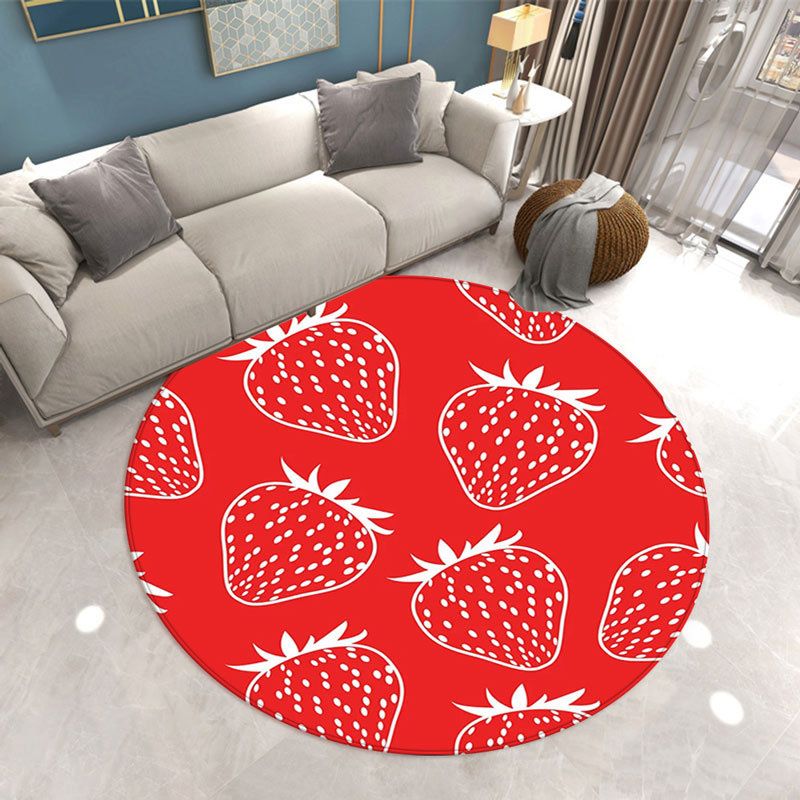 Round Strawberry Print Carpet Polyester Natural Rug Stain Resistant Area Carpet for Home Decoration