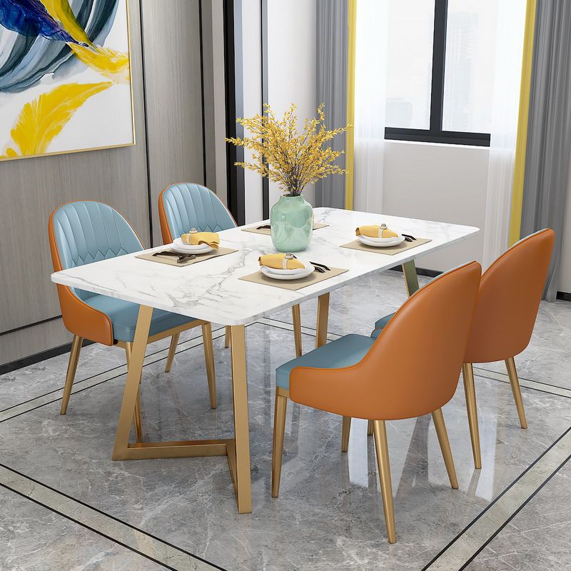 Glam Rectangle Dining Table Set 1/4/5 Pieces White Stone Top Dinette Set