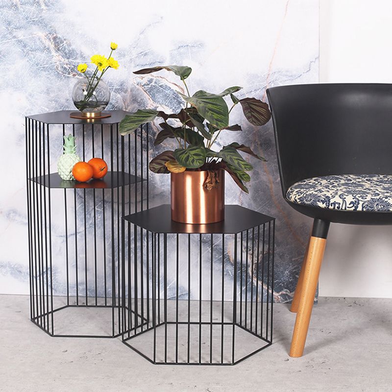 Frame Hexagon Metal End Table Set Simple Iron Sofa Side Accent Table with Storage Shelf