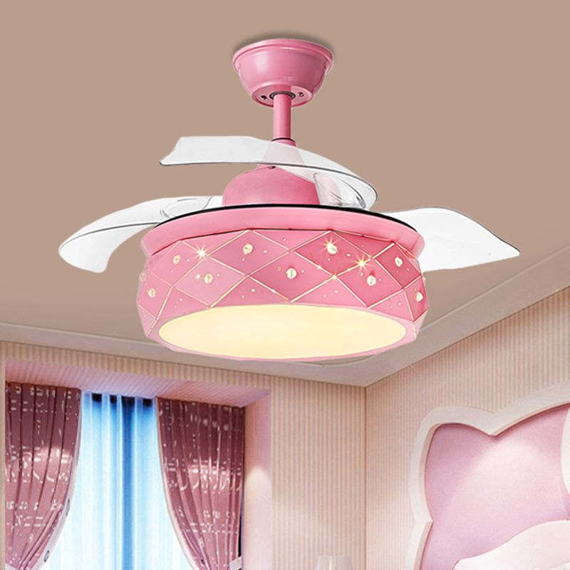 3 cuchillas Lámpara de iluminación de ventilador colgante de tambor metálico 42 "W LED Semi Flush Lámpara en rosa/azul con tono acrílico, control remoto/pared y control remoto