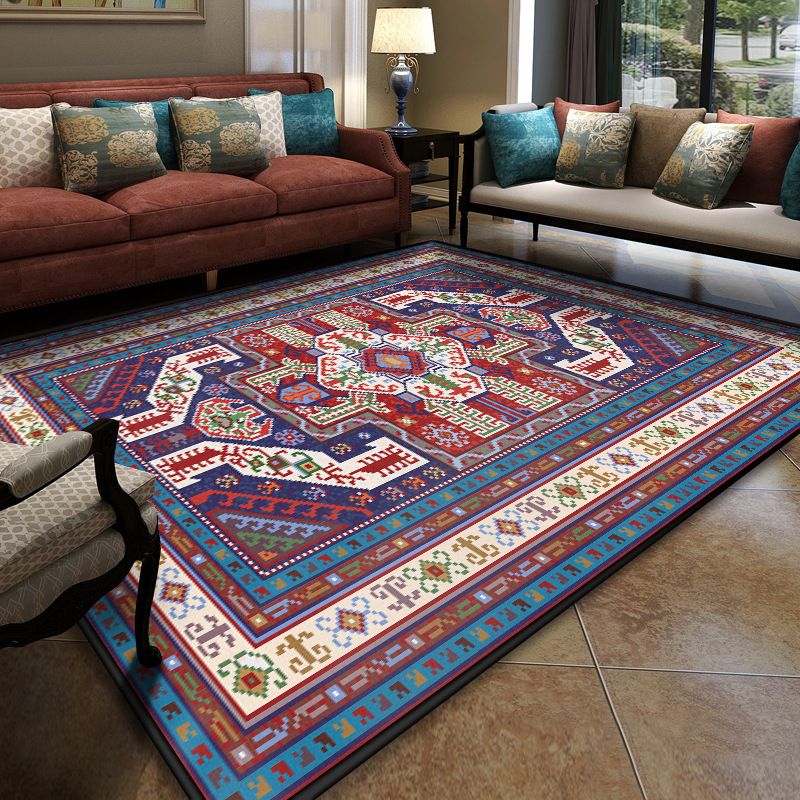 Turkish Meeting Room Area Rug Multicolor Symmetrical Tribal Pattern Rug Polypropylene Anti-Slip Stain Resistant Washable Carpet
