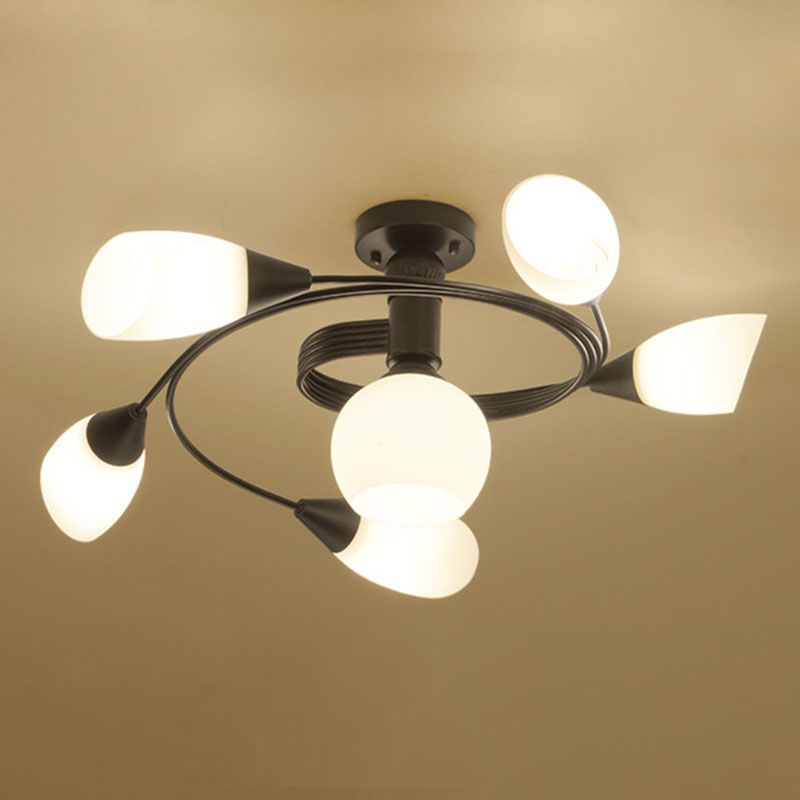 Luz de techo negro de vidrio en el estilo tradicional de hierro forjado de hierro forjado de hierro radial de interiores Semi Flush Monte