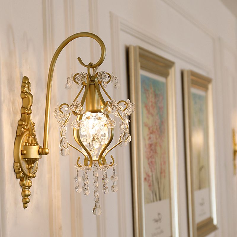 1 Light Scrolled Frame Wall Lamp Countryside Brass Metal Wall Mount Lighting with Crystal Accent