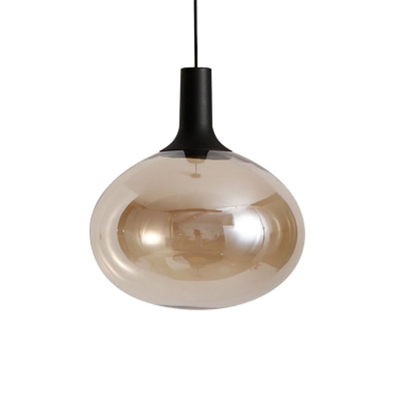 Elliptical Pendant Lamp Modernist White/Grey/Amber Glass 1 Light Black Led Hanging Light Fixture in White/Warm Light