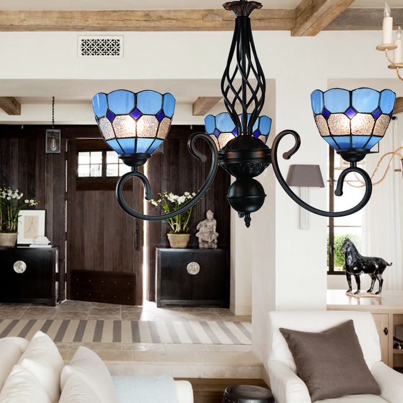 Mediterrane kom hanglamp met gebogen arm blauw glas 3 lichten foyer kroonluchter