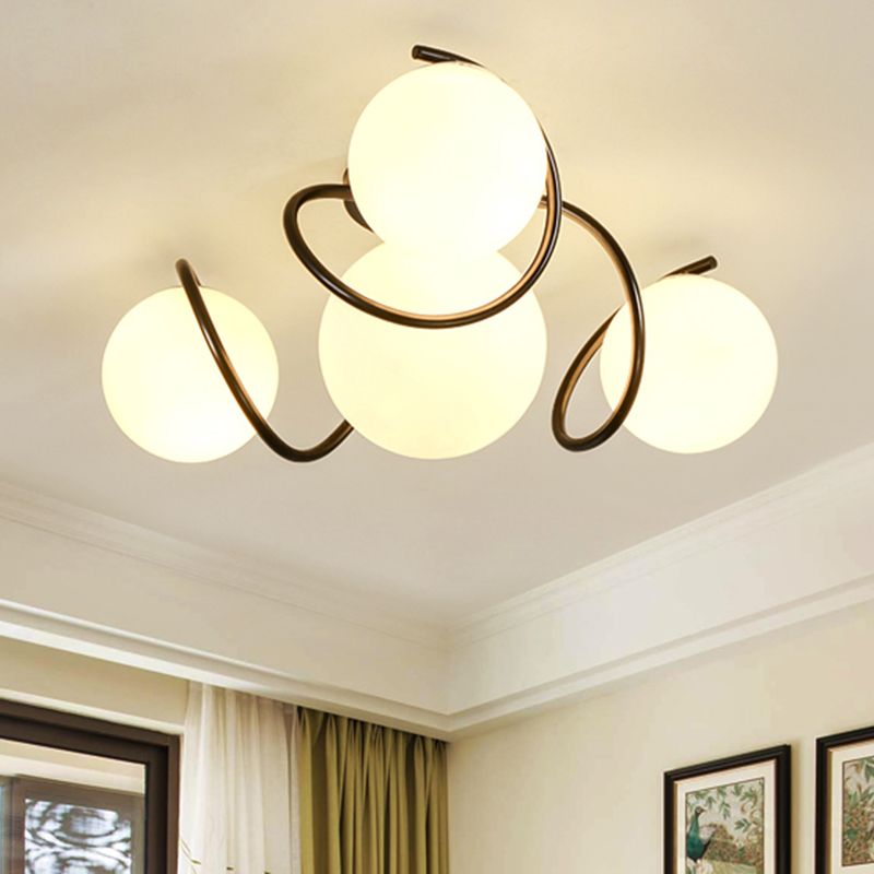 4/7 Lights Opal Glass Semi Flush Light Traditional Black/White Orb Living Room Ceiling Lighting, 22"/34" Wide
