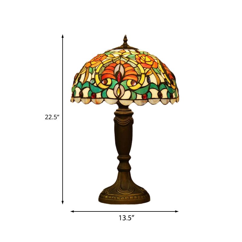 Domed Cut Glass Night Table Light Victorian 1 Light Beige/Orange Floral Patterned Desk Lighting with Blaster