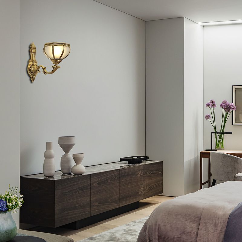 Dome Metal Sconce Light Traditionalism 1/2-Bulb Living Room Wall Light Fixture in Brass