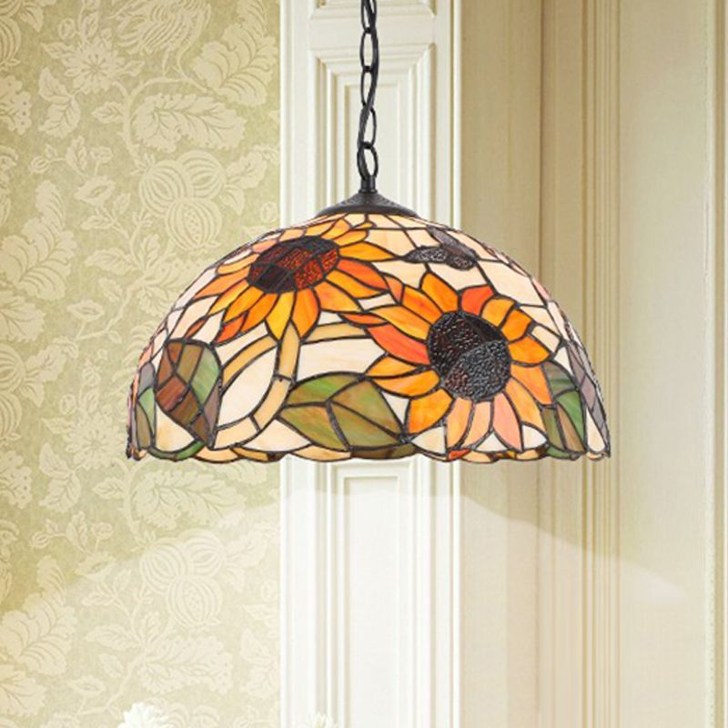 Stained Glass Black/White Pendant Lamp Domed 1 Light Baroque Floral Patterned Hanging Light Kit for Kitchen