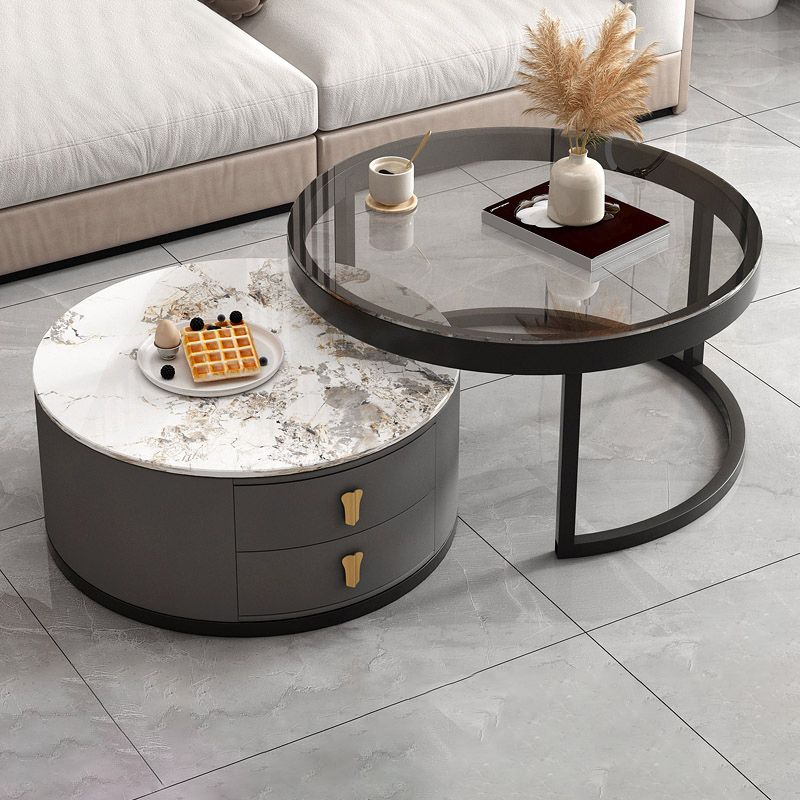 Modern Round Glass Cocktail Table Set Iron Frame Coffee Table with Drawers